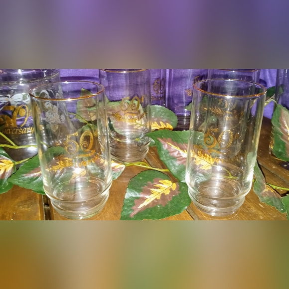 Vtg. 50th Golden Anniversary Drink Glass Set of 8, 6 Cups, Pitcher, & Candy Dish - Picture 8 of 8